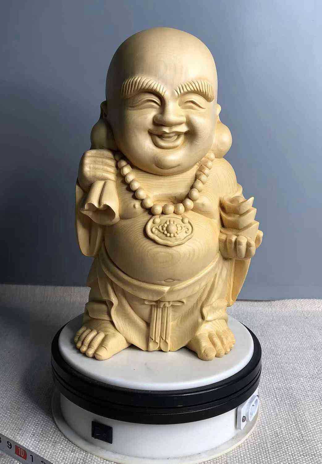 お守り（高さ22cm×巾13cm×奥行12cm 金運 風水 布袋木製 布袋様の置物 桧木製高級天然木彫り 布袋様 七福神の置物 木彫り 仏像