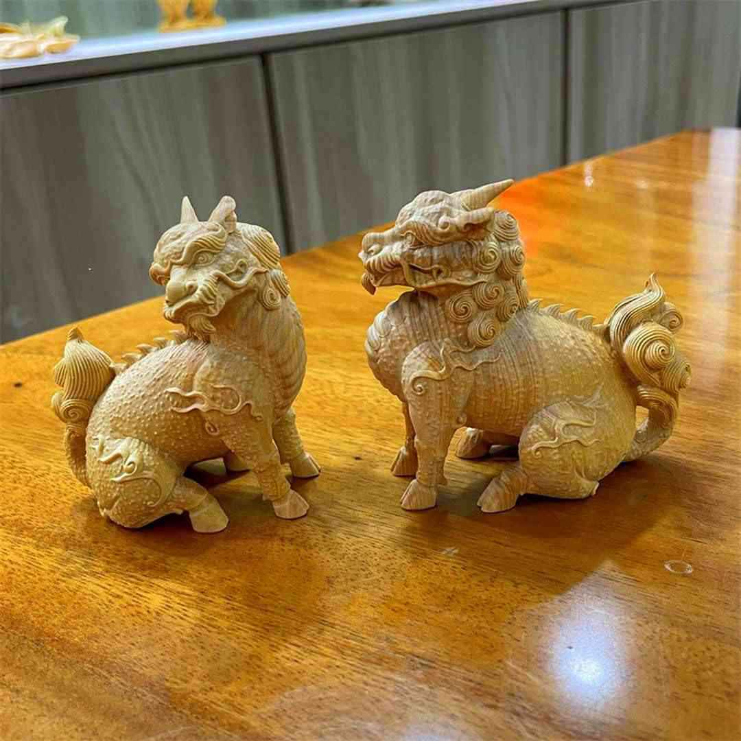 高級天然ツゲ木彫り 金運グッズ お守り（2体セット）開運グッズ 魔除け 高さ9cm 風水 置物 麒麟 木彫り
