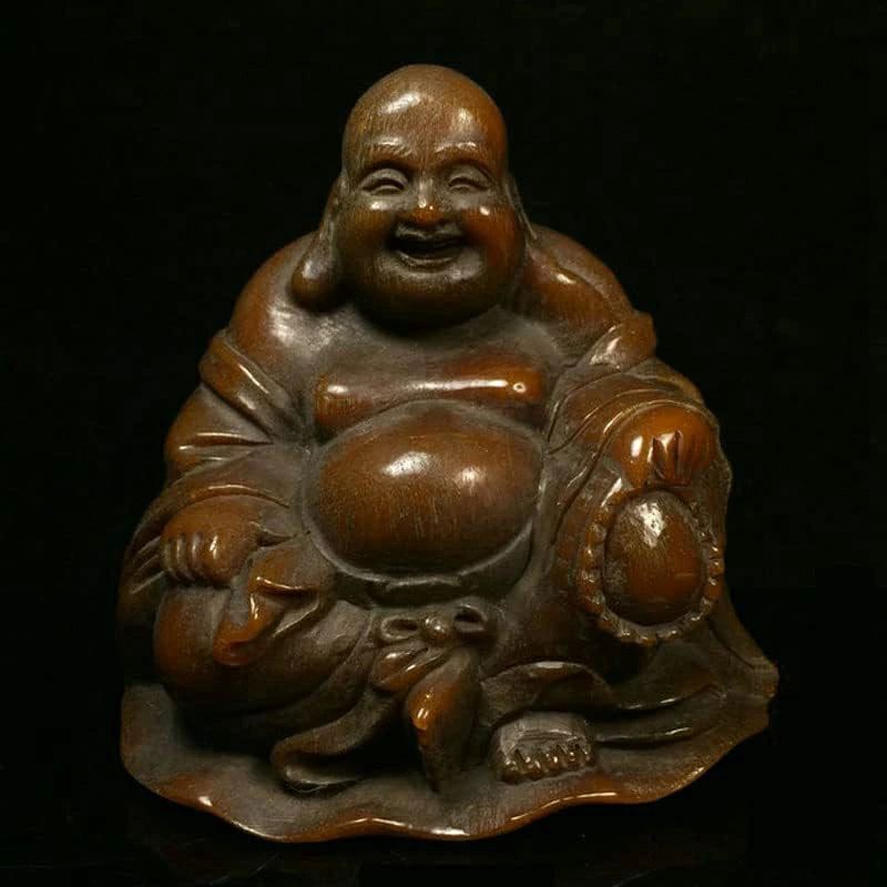 インテリア アンティーク 高さ12cm お守り 金運 天然 牛の角の彫刻 様 布袋 七福神 ミニ 置物 仏像