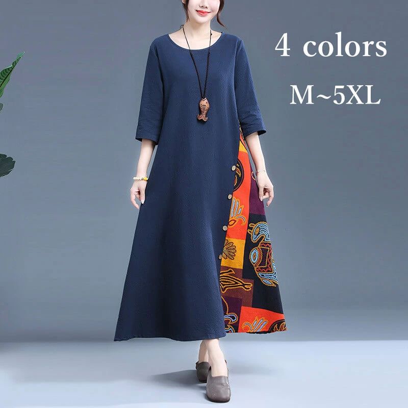 七分 長袖 Aライン きれいめ 大人 麻 綿麻 リネン コットン マキシ丈 ロング 切り替え ロングワンピース レディース ワンピース