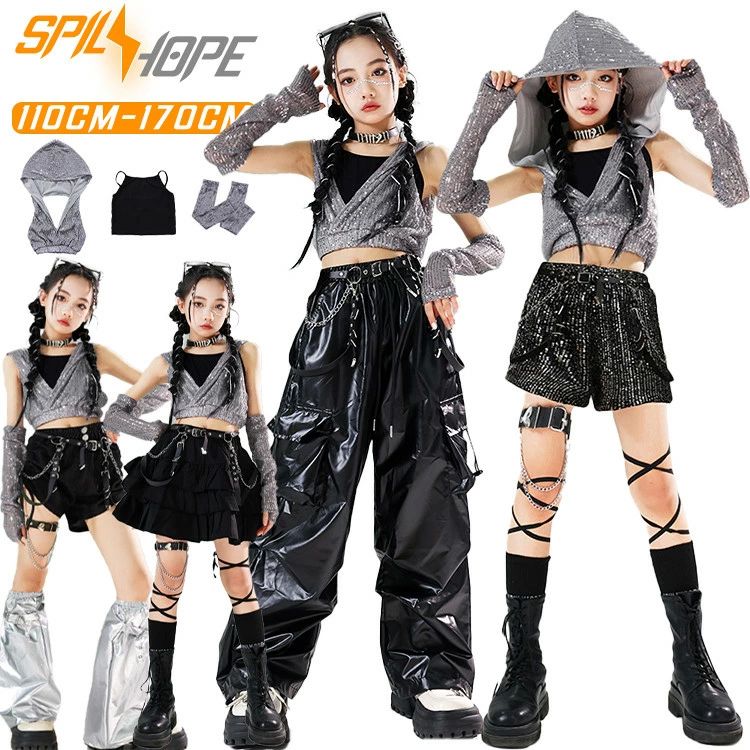 へそ出し 短パン プリーツスカート フード付き ショートトップ カーゴパンツ レザーパンツ 子供服 上下セット チアガール チア