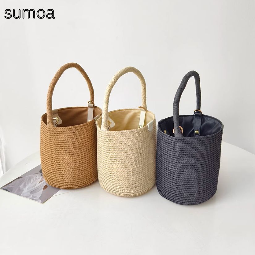 かご　ストローバック　トート　筒　筒形　丸　筒状　バスケット　レディース　ハンドバック　オシャレ　鞄　巾着　軽量　ハンド