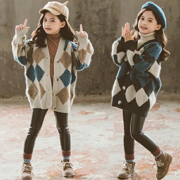 ニットセー 前開き アーガイル 冬服 秋服 長袖 春服 コーディガン 幾何学柄 ガールズ 子供用 キッズ 女の子 カーディガン ニット
