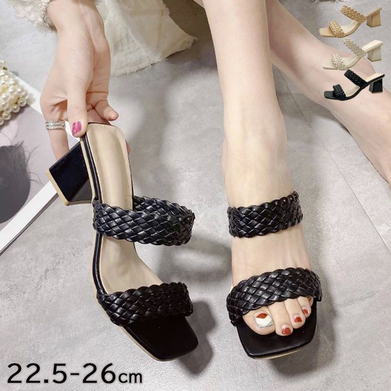 オフィ 通勤 カーキ ベージュ 黒 ブラック 春夏 ヒール 6cm ミュール ダブルベルト パテッド パデッド スクエアトゥ レディース