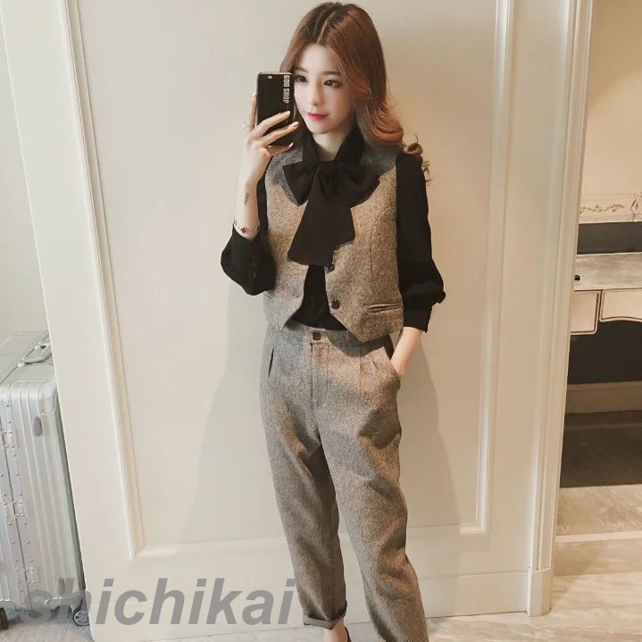 大きいサイ ペンシルパンツ 上下セット セットアップ 長袖ブラウスとベストとストレートパンツ3点セット 秋冬新作 ズボンセット