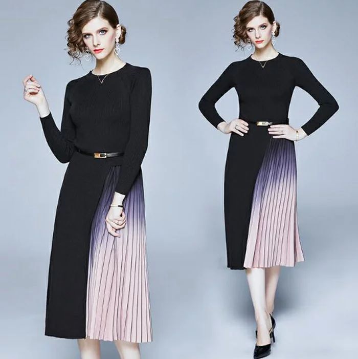 ワン ミモレ丈 切り替え ラウンドネック 長袖 ワンピース ニット マキシ丈 ロング ニットンピース パーティードレス ワンピース