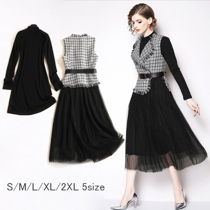 ワンピー ベスト チェック柄 レディース ニットワンピース ロングジレ ジレ セットアップ 冬 秋 レディース セットアップ WILLS