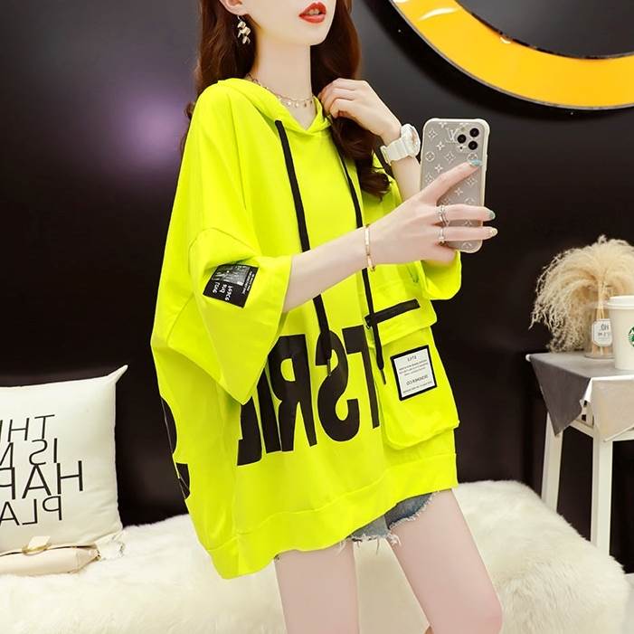 ミディアム丈 2XL XL L M 大きいサイズ 黄色 イエロー 白 ホワイト 黒 ブラック 夏 半袖 フード付き パーカー Tシャツ トップス(4)