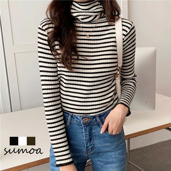 タートルネック　リブ　ニット　セーター　ハイネック　長袖　ボーダー　トップス　プルオーバー　カットソー　ストレッチ　レイのサムネイル