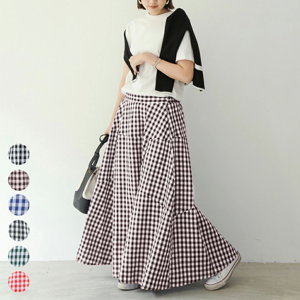 ウエ フレアスカート おしゃれ 体型カバー マキシスカート カジュアル チェックスカート レディース 夏 秋 春 ロング丈 スカート