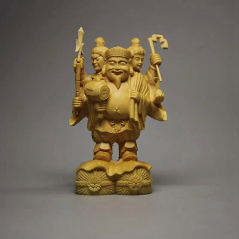開運(Size:10cm) 厄除け 置物 七福神 仏像 木彫り ＿三面大黒天 三面大黒尊天（小）柘植製