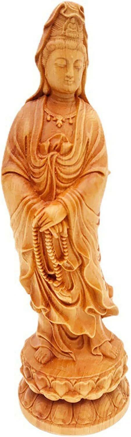 風水（高さ22cm×巾6.5cm× 開運 祈る 装飾工芸品 室内 玄関 リビングルーム 装飾品 崖柏製 天然 置物 仏像 木彫り 観音菩薩立像