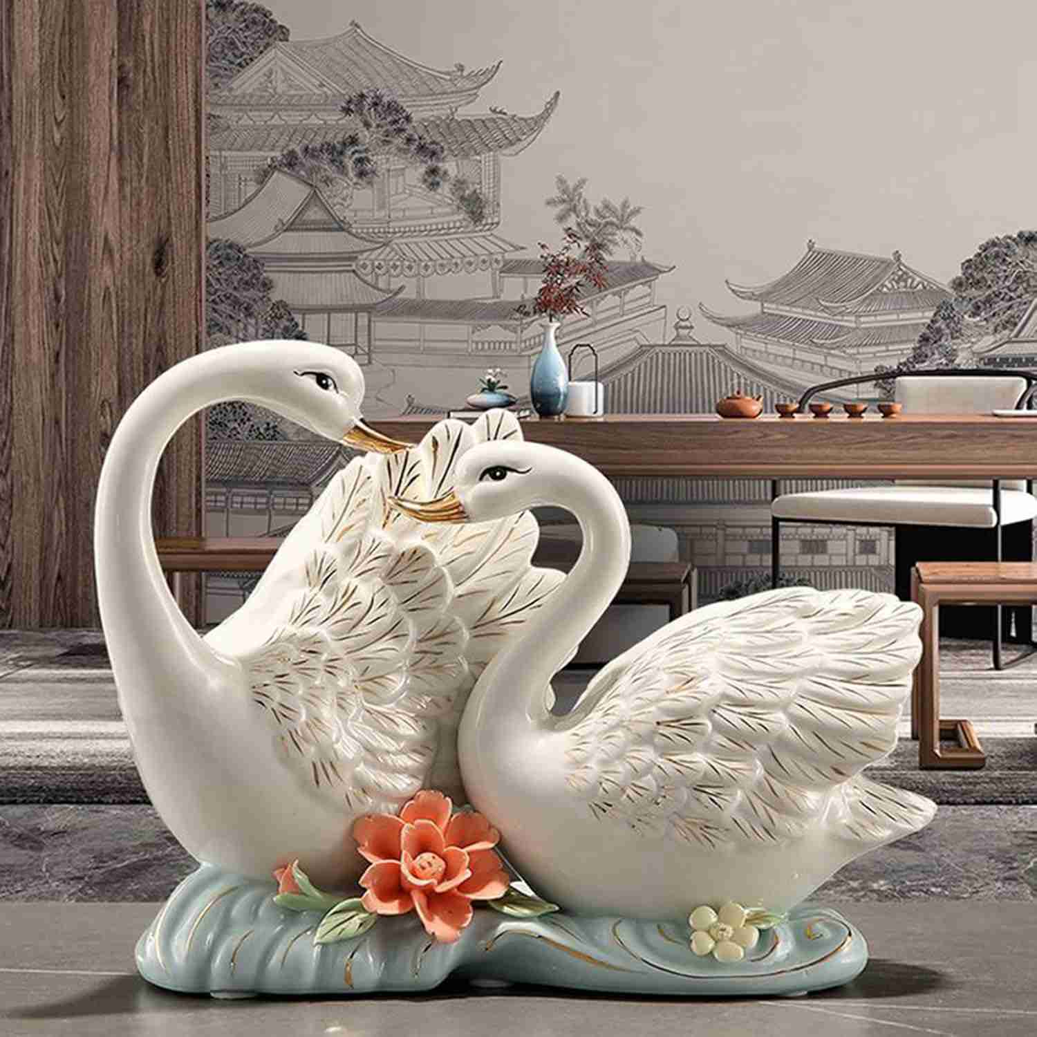 マスコ オシャレな置き物 シンプル おしゃれ 装飾 北欧風 フィギュア 彫刻 アート モダン インテリア 置物 2羽 オブジェ スワン