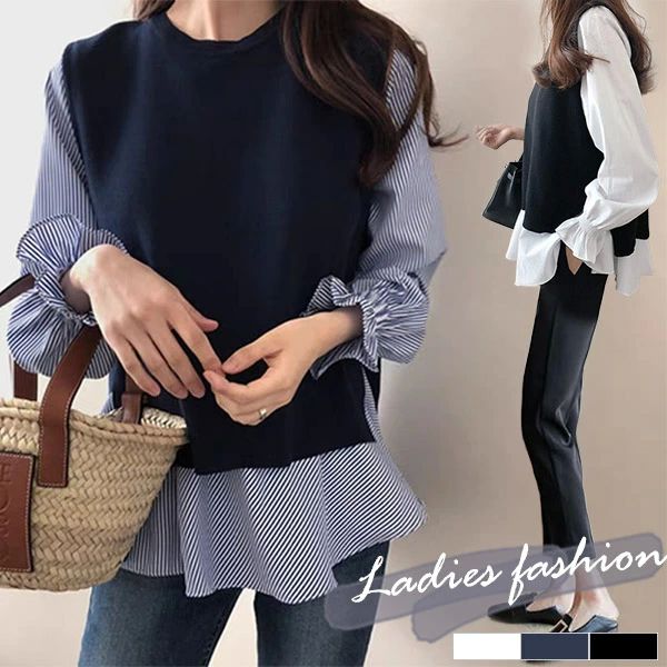 着 フリル キャンディ袖 ラウンドネック ストライプ柄 重ね着風 長袖 2点セット ニット トップス ブラ..