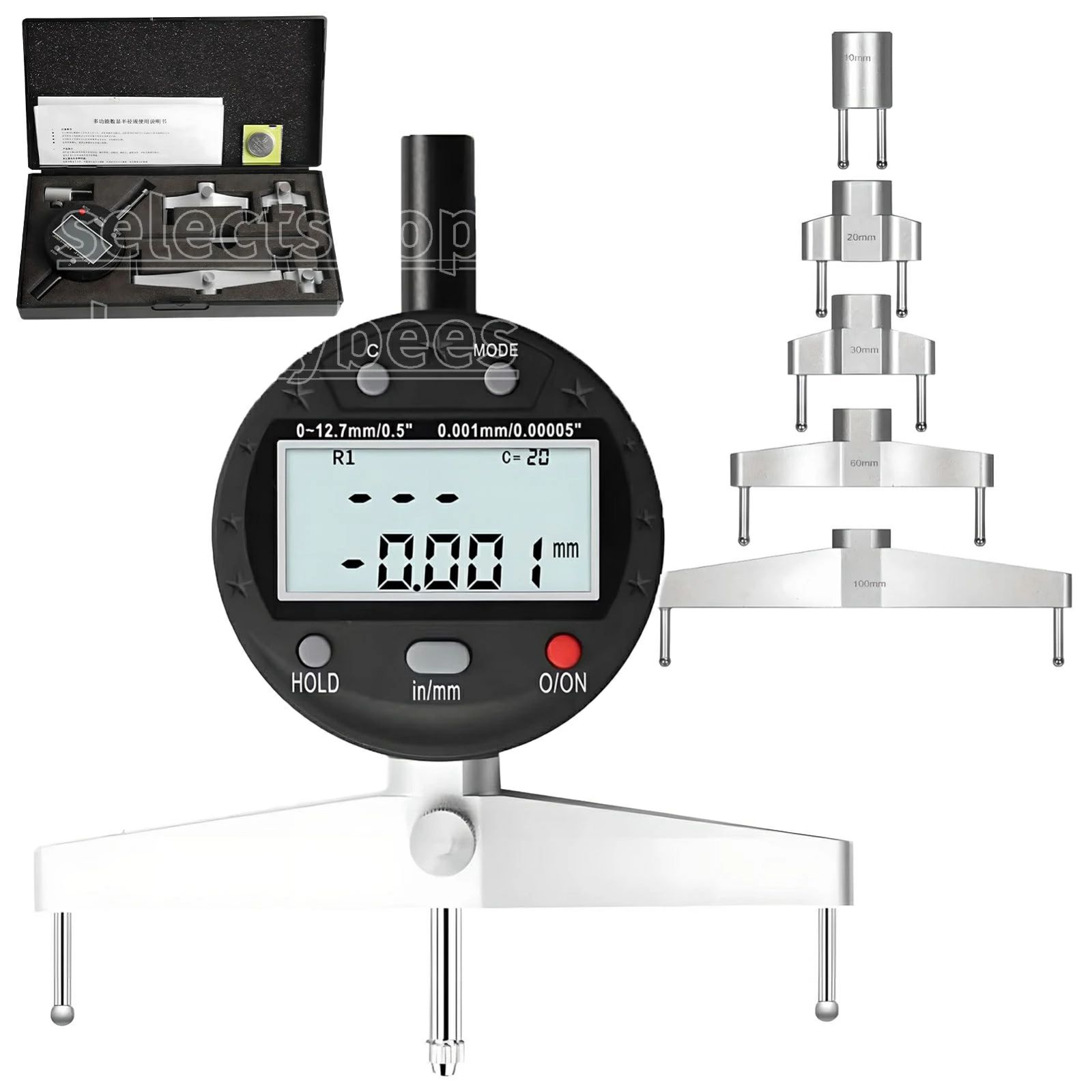 乐天商城 - 多機能デジタル半径ゲージ、10mm/20mm/30mm/60mm/60mm/100mm測定顎を備えた高精度半径ゲージ、機械部品、木製金型