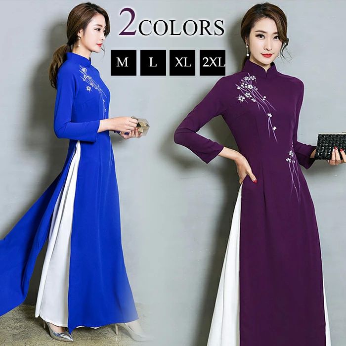 パー ロング ドレス 発表会 チャイナドレス アオザイ 長袖 チャイナドレス風ワンピース 長袖 フォーマル ワンピース 花柄 ロング