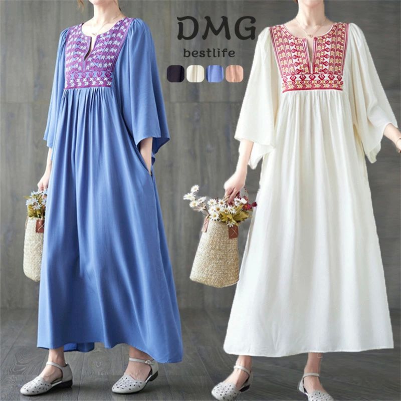 ゆったり 大きいサイズ 綿100％ フレア 刺しゅう Vネック 7そで 七分袖 マキシ丈 ロング丈 ロングワンピース ワンピ レディース