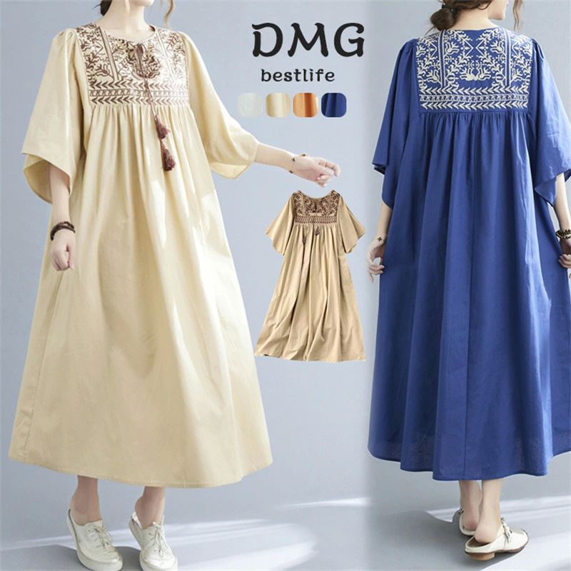 ゆったり 大きいサイズ コットンリネン 刺しゅう Vネック 5分袖 五分袖 マキシ丈 ロング丈 ロングワンピース ワンピ レディース
