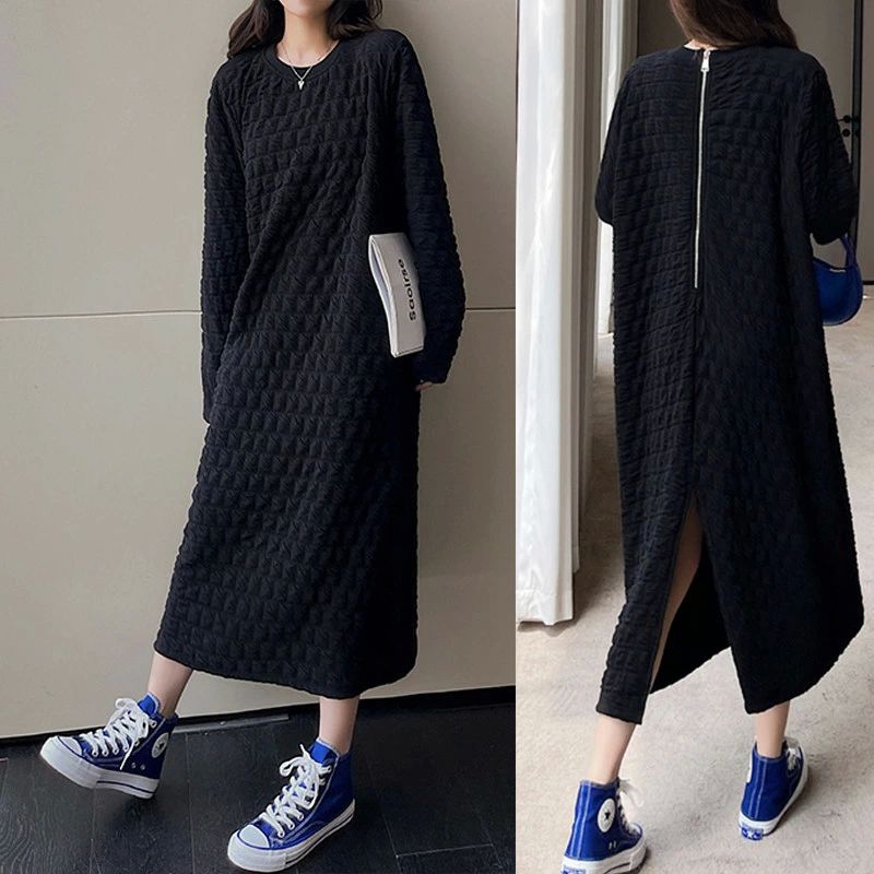 バックシップワ 秋 春 ゆったり L-3XL 大きいサイズ クルーネック 長そで 長袖 マキシ丈 ロング丈 ロングワンピース レディース