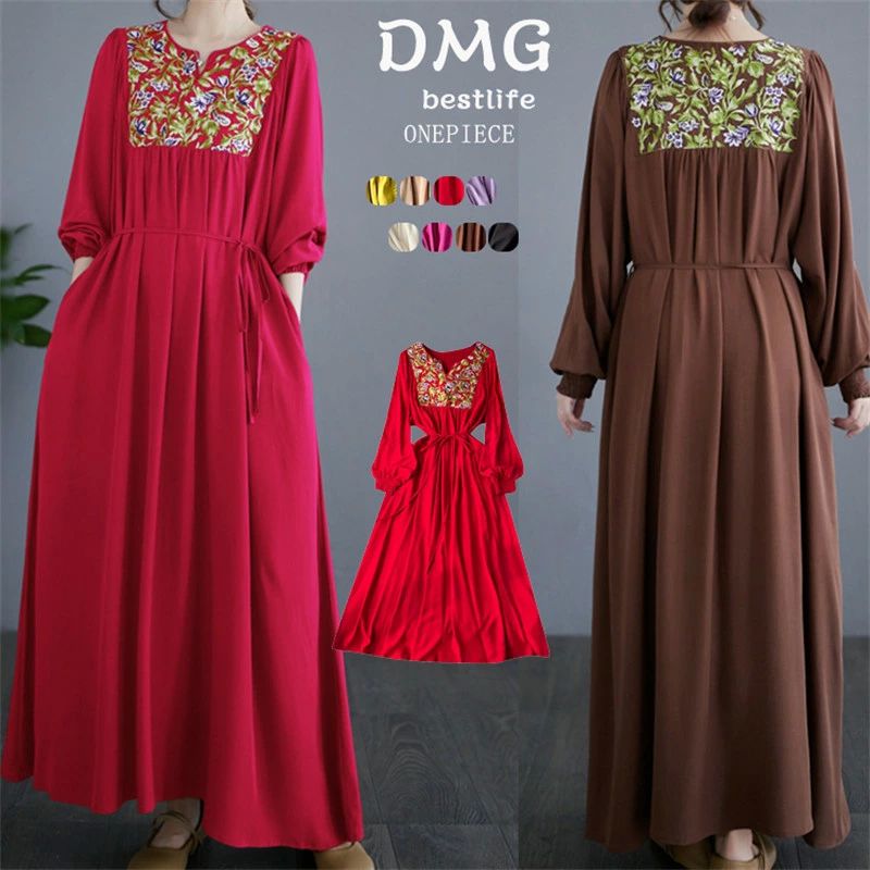 ゆっ 大きいサイズ 綿100％ フレア 刺しゅう vネック 長袖 マキシ丈 ロング丈 ロングワンピース ワンピ レディース 刺? vネック