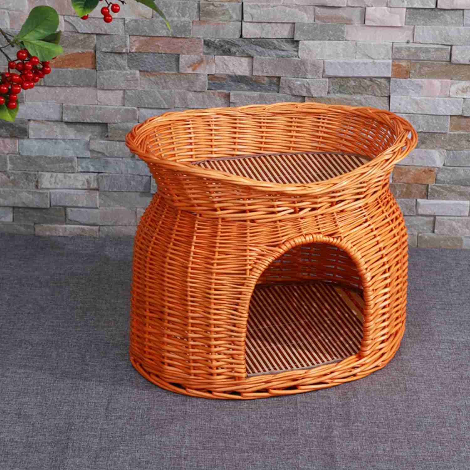 ラタンかご 手編み 細工品 柳編み ウサギ 猫 犬 猫ネスト キャットケージ 二階 屋根付き ペットベッド ラタン ドーム型 猫ハウス