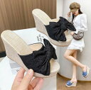 【期間限定最大15%OFF】サンダル ビーチサンダル 履きやすい リボン付き ウエッジヒール ウェッジソール サボ サンダル レディース デニム 春夏 歩きやす...