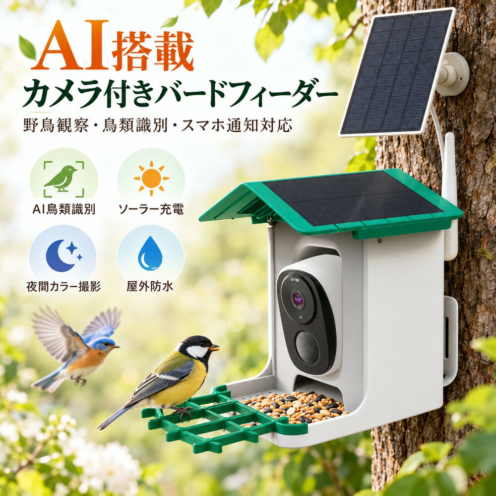 AI鳥類識別対応のカメラ付きバードフィーダー（Wi-Fi・ソーラー充電）