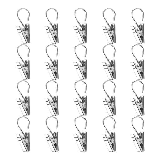 【製品仕様】全部で20個入り、クリップ部分の寸法:10*19mm、フック内径約9.5mm。 【使い勝手】フック付きで、掛けて挟むだけで簡単に取り付けができます。 【高品質材料】高品質ステンレス鋼素材を採用し、錆びにくく、変形しにくく、荷重力が良く、軽量で、携帯に便利である。 【強力挟持力】咬合力が強く、強力な挟持力、カーテンなどをかけると落ちにくい。 【用途広範】好きな生地をカーテンにすることができ、ランタンや写真などの小物を収納することもでき、適用範囲が広い。