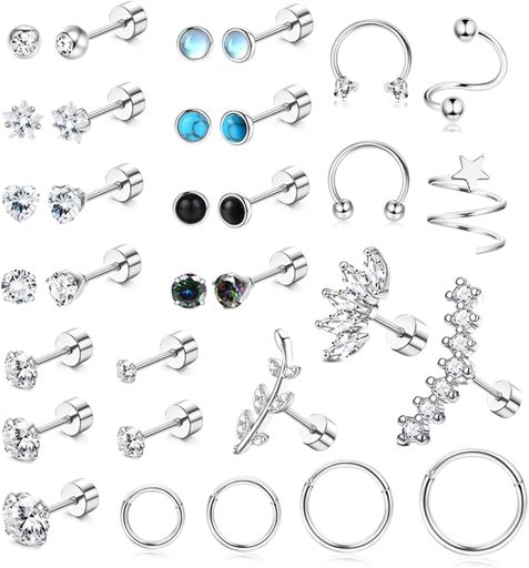[ORAZIO]【32点セット】16G ボディピアス ハート 星 ジルコニア 軟骨ピアス リングピアス レディース 可愛い ネジ式キャッチ ヘリックス ピアス サージカルステンレス製 金属アレルギー対応 (シルバー)