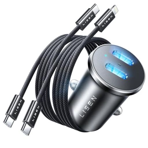 LISENシガーソケットusb-c【72Wデュアルポート急速充電】2連PD36W2つケーブルが付き増設ミニ・省スペース設計カーチャージャーiPhone16SamsungSharpGoogleHuaweiiPadPro