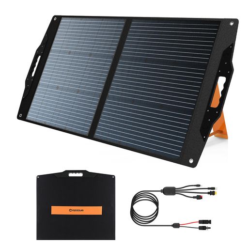 FlexSolar100Wポータブル電源用ソーラーパネル、角度調節式スタンド付き折りたたみ式ソーラー充電器QC3.0USB-A/USB-C/M-C-4出力対応、IP67防水キャンプ、RV、緊急時に適用、4-in-1ケーブル付き