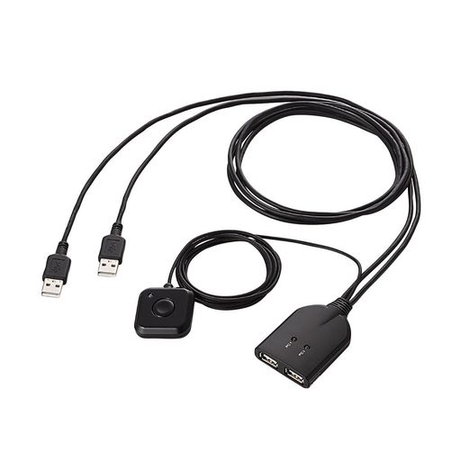 2台のパソコンで、1セットのキーボード・マウスなどのUSB機器を共有できるキーボード・マウス用パソコン切替器です。 パソコン側への接続もUSB接続なので、PS/2ポートが付いていないノートパソコンも切替可能です。 チルトホイール機能や多ボタン搭載の多機能マウス、ホットキー搭載の多機能キーボードでも使用可能です。 ケーブル一体型のコンパクトタイプなので、スッキリと設置できます。 金属部に本体と手元スイッチを固定できるマグネットシートが付属しています。