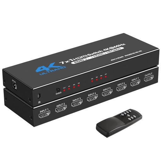 🚀【7入力1出力 HDMI2.0切替器 】 当社の優れた HDMI2.0 スイッチャーを使用することで、7 種類の異なる HDMI ソースから 1 台の HDMI ディスプレイに簡便に映像と音声を伝送できます。HDMI ケーブルの取り外しや再接続が不要で、遅延や画面のフリッカー、解像度の劣化が一切発生しません。7 台の機器間をスムーズに切り替えることができ、作業時間や視聴時間を大幅に短縮できます。​ 🚀【4K@60Hz 超高画質対応】この HDMI 切り替え機は最大 4K@60Hz の高解像度に対応し、HDCP 2.2 もサポートしており、コンテンツの著作権を確実に保護します。18Gbps の高速伝送により、HDR、3D 映像、Dolby Atoms もスムーズに再生可能です。10/12/16 ビット色深度、RGB/YUV4:4:4/YUV4:2:2/YUV4:2:0 など、多彩な色彩モードに対応し、映像の細部まで鮮明に再現します。