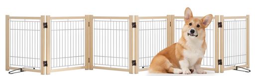 YOCANペットゲートペットフェンス高さ43cm幅351cmペットサークル木製犬用ゲート置くだけ折りたたみつい..