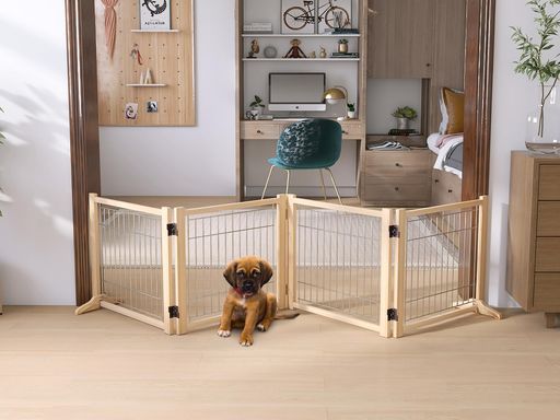 犬用 ペットゲーなペットフェンス、犬用ゲート 天然木色 、犬用フェンス、折り式バリア、ペット用家具フェンス 、安全柵 小型犬 中型犬 脱走防止 ガード 飛び出し防止 多頭飼い ペットガード(高さ43CM、長さ234CM、4つのパネル)