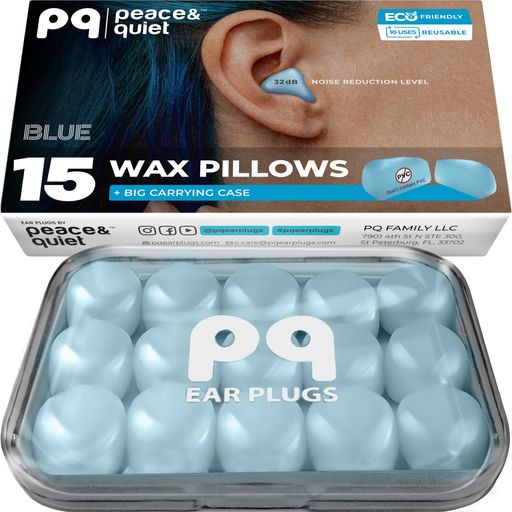 PQワックス耳栓睡眠、水泳用-15個のソフトノイズキャンセリングシリコンゲルワックス耳栓睡眠と水泳用耳保護遮音レベル32dB(枕15個)色:ブルー