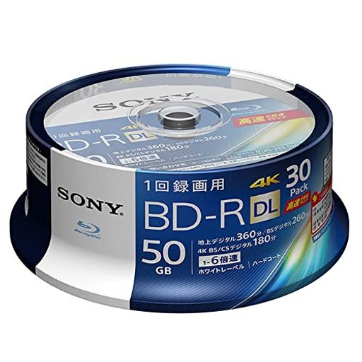 Blu-Ray - ソニー(SONY)【30枚(地デジ約6時間)】ソニー/30枚入り/ビデオ用ブルーレイディスク/1回録画用/BD-R/1枚あたり50GB(地デジ約6時間)/1-6倍速/ディスク用ケース無し/30BNR2VJPP6