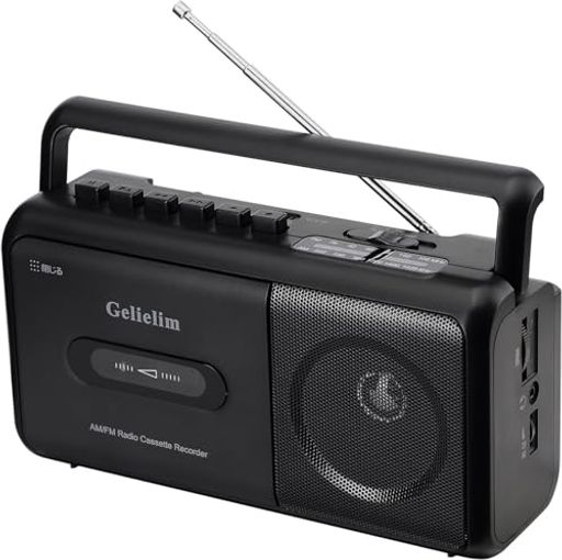 Gelielim ラジカセ 録音再生 カセットデッキ AM/FM/ワイドFM対応 カセットテープ 乾電池/コンセント式 ハンドル付 日本語取扱説明書 ブラック