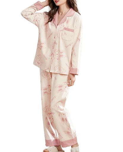 [Kayuuhin]パジャマレディースルームウェア前開き綿春秋部屋着長袖上下セット可愛いゆったり吸汗通気快適シンプル肌に優しい柔らかセットアップカジュア(ピンク(H03)XL)