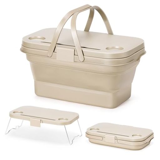 WildVentureXピクニックバスケット折り畳み蓋付きかごキャンプ収納ボックス大容量バケツ洗える・防水手提げテーブル付折りたたみバケツ洗濯かご防災ピクニックアウトドア運動会バーベキ…