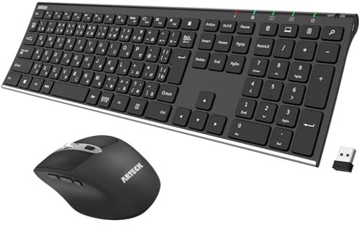 【簡単接続】PCなどのUSBポートにUSBレシーバー「マウスの裏面に収納」を差し込むだけでキーボードとマウスを使えます。 【共用USBレシバー】 キーボードとマウスは一つのレシーバーを共用します。 【人間工学に基づいた設計】キーボードははさみX構造、薄型キーにより、フルサイズ、矢印キー、テンキー付きで快適なタイピングが実現します。人間工学に基づいた設計されたマウス、ストレスを減らして快適な操作できます。左ボタン、右ボタン、ホイール以外、DPIカウント切り替えボタンが搭載、800/1200/1600/2000/2400 DPIを調整できます。マウスのサイドは進む/戻るボタン、ウインドウ切り替えボタンが搭載します。 【長寿命バッテリー】業界大容量の充電式リチウムイオン電池搭載、1回フル充電で6ヶ月間が使えるキーボートと4ヶ月使えるマウス。「1日2時間の連続使用の場合」 【製品内容】Arteck HW192無線キーボード、MW167マウス、共用の一つUSBレシーバー「マウスの裏面に収納」、USB Type-C充電ケーブル、ユーザーマニュアル、そして弊社人気の2年間の保証と親身なカスターマーサービスが付きます。