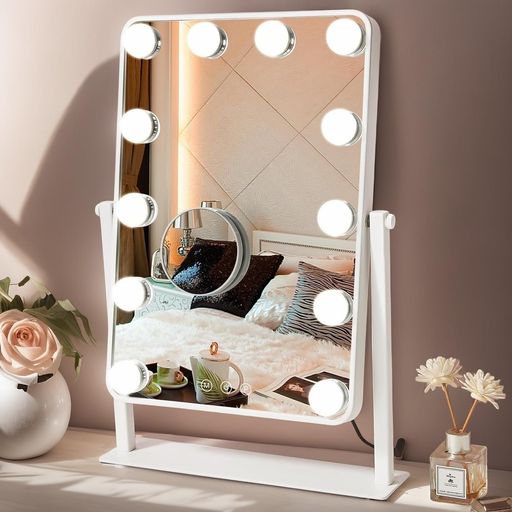 ARREBOL(アレボル)女優ミラー充電式大型ハリウッドミラーライト付き化粧鏡12個電球卓上ミラーUSB充電式三色照明モード無段階調光機能10倍拡大鏡付きコードレス化粧鏡360度回転人気母の日…