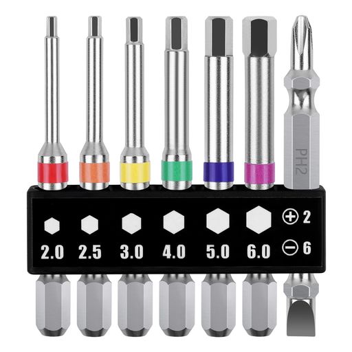 【商品仕様】サイズ:対辺2/2.5/3/4/5/6x65mm(片頭ヘックス各1本)、+2/-6x65mm(双頭ビット1本)。セット内容:7本組。シャンク径:6.35mm。素材:クロムバナジウム鋼。硬度:HCR60プラスマイナス。 【高耐久ビット】高品質の工業用特殊合金鋼を鍛造し、熱処理技術を採用して、高硬度、トルク、靭性、およびより耐久性が実現します。 【カラーリング】カラーリングでサイズが分かりやすいです。ホルダー付き、ビット整理収納に便利です。ビットはマグネット入ります。 【使用機種】充電式インパクトドライバー、充電式ドリルドライバー、コード式インパクトドライバー、コード式ドリルドライバーなどに適しています。 【幅広い用途】六角穴付きボルト、六角穴付き止めネジ用です。機械設備、空圧機器、金型、建材、家電、配電盤、自動車やオートバイなどの組み立て、メンテナンスに適しています。