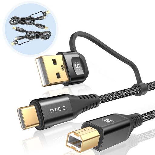 Rakuten - 2in1プリンターケーブル3MUSB2.0ケーブル(タイプAオス/タイプCオス-タイプBオス)USB2.0規格パソコンとプリンター接続ケーブルナイロン編み480Mbps高速転送