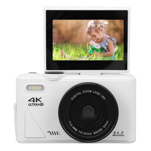 4Kデジタルカメラ64MPUHD18倍ズームオートフォーカスレトロコンパクトデジタルカメラ3インチフリップスクリーン付き旅行写真撮影学生初心者卒業式旅行Vlog(白)
