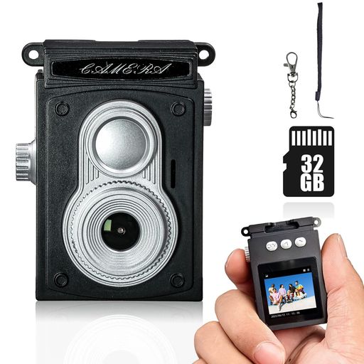 ミニレトロカメラデジタルトイカメラ1.3インチ画面1080P広角レンズ32GBカード付属撮影・動画機能キーホ..