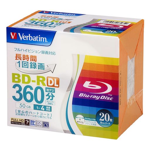 品種:録画用 BD-R DL(50GB) 1回録画用 録画時間:地デジ 360分 / BSデジタル260分 盤面印刷:○(ホワイト) / 範囲:22mm-118mm(ワイド) 倍速:1-4倍速,ケース:5mmスリムケース,入り数:20枚 構造:片面2層
