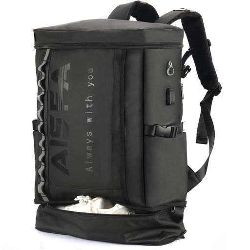 [AISFA]リュックメンズリュックサックスクエアバックパック防水17インチPCビジネスラップトップバックUSB充電ポート付き30Lアウトドア旅行防災通勤靴/弁当収納(ブラック)