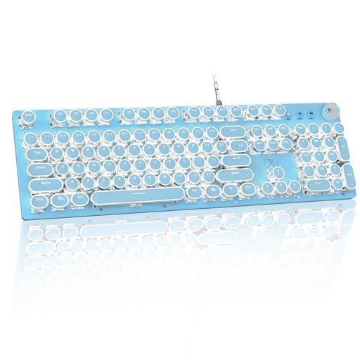 ZIYOU LANG 有線パンクキーボード メカニカルキーボードノブ付き レトロなラウンドキーキャップ タイプライター 青軸 104キー フルキーアンチゴースト 白色LED 25種類のバックライトモード USB有線コンピュータキーボード WINDOWS