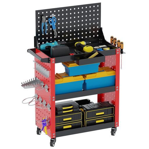 ツールワゴン耐荷重300kg3段ツールカートツールトロリーキャスター付き360°回転工具カートツール台車ツールキャビネットメッシュパネル付きスチール製工具ワゴン作業台ガレージ作業ガ…
